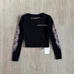 1:1 quality version Pink Gothic Letter Dual Sleeve Floral Print Waffle Knit Cropped Long Sleeve Tee for girls 29426247
