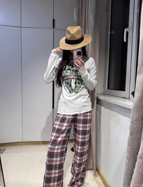 1:1 quality version Green Sword Vine Print Waffle Slim‑Fit Long Sleeve Tee for girls 29426184