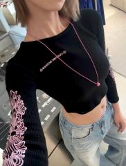 1:1 quality version Pink Gothic Letter Dual Sleeve Floral Print Waffle Knit Cropped Long Sleeve Tee for girls 29426247