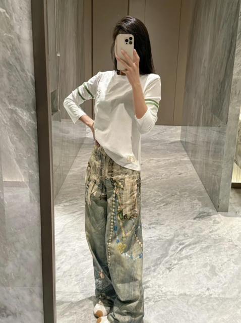 1:1 quality version Number Horseshoe Print Color Block Thin Breathable 3/4 Sleeve Long Sleeve T-Shirt  3 colors for girls 29380260