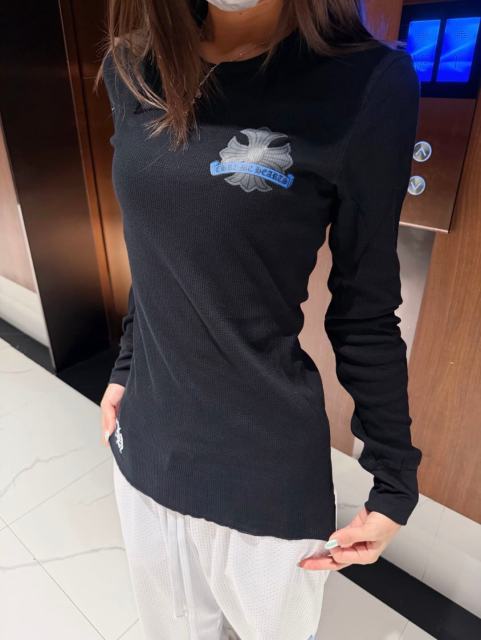 1:1 quality version Blue Horseshoe‑Ring Cross‑Flower‑Print Waffle‑Knit Fitted Long Sleeve Tee for girls 29426214