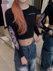 1:1 quality version Pink Gothic Letter Dual Sleeve Floral Print Waffle Knit Cropped Long Sleeve Tee for girls 29426247