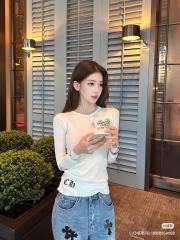 1:1 quality version Blue Horseshoe Ring Script Letter Surrounded Waffle Knit Long Sleeve Tee for girls 2 colors 29426191