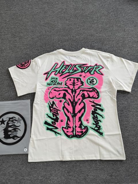 1:1 Hellstar NFC SCAN Hellstar Guts No Glory Neon Graphic Vintage Off White T-Shirt