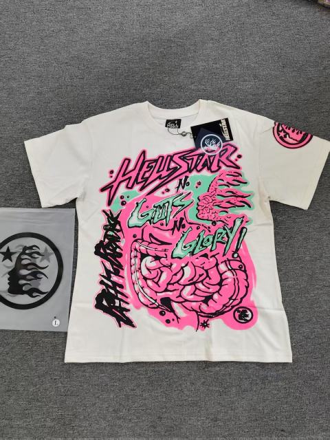 1:1 Hellstar NFC SCAN Hellstar Guts No Glory Neon Graphic Vintage Off White T-Shirt