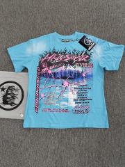 1:1 Hellstar NFC SCAN Hellstar World Tour Lightning Flame Vintage Blue T-Shirt