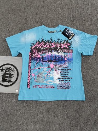 1:1 Hellstar NFC SCAN Hellstar World Tour Lightning Flame Vintage Blue T-Shirt