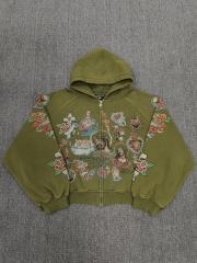 High Quality We Are Righteous Floral Angel Graphic Hoodie - Moss Green