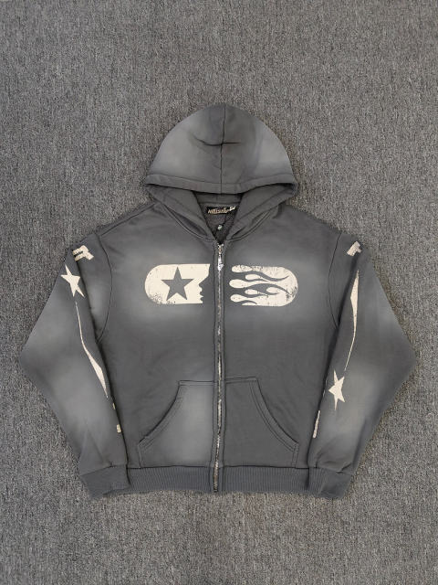 [NFC SCAN] High Quality Hellstar Star Flame Graphic Zip Up Hoodie