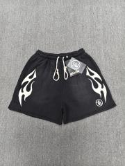 [NFC SCAN] High Quality Hellstar White Flame Graphic Sweat Shorts Vintage Wash Black