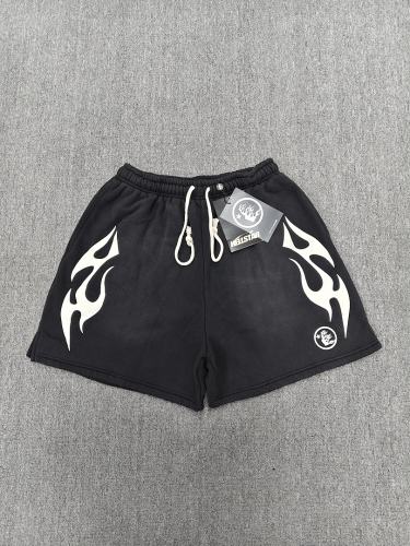 [NFC SCAN] High Quality Hellstar White Flame Graphic Sweat Shorts Vintage Wash Black