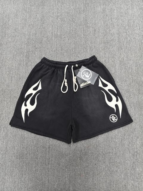 [NFC SCAN] High Quality Hellstar White Flame Graphic Sweat Shorts Vintage Wash Black