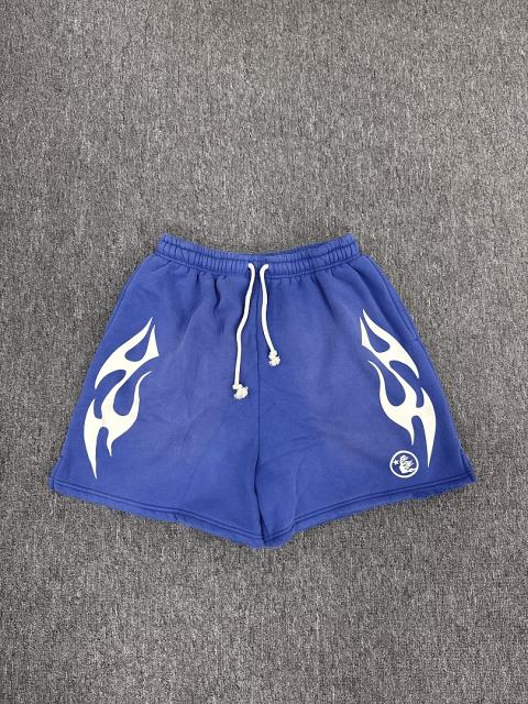 [NFC SCAN] High Quality Hellstar White Flame Graphic Sweat Shorts Vintage Wash Blue
