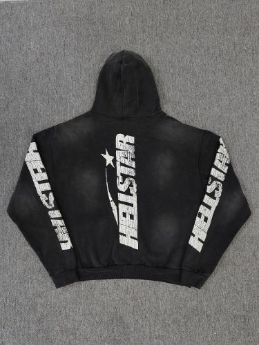 [NFC SCAN] High Quality Hellstar Flame Face Star Graphic Hoodie Vintage Wash Black