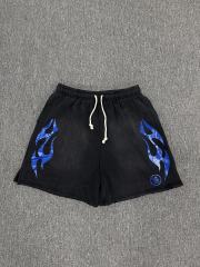 [NFC SCAN] High Quality Hellstar Blue Flame Graphic Sweat Shorts Vintage Wash Black
