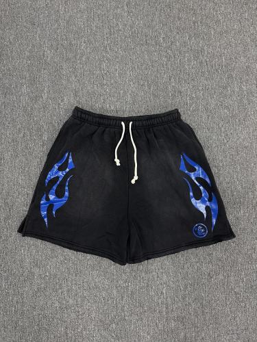 [NFC SCAN] High Quality Hellstar Blue Flame Graphic Sweat Shorts Vintage Wash Black
