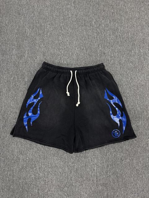 [NFC SCAN] High Quality Hellstar Blue Flame Graphic Sweat Shorts Vintage Wash Black