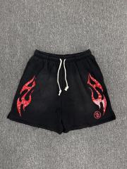 [NFC SCAN] High Quality Hellstar Red Flame Graphic Sweat Shorts Vintage Wash Black