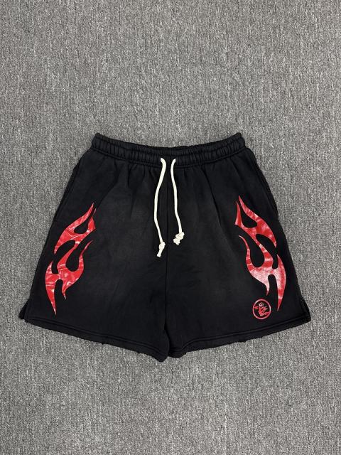 [NFC SCAN] High Quality Hellstar Red Flame Graphic Sweat Shorts Vintage Wash Black