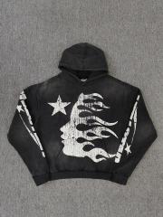 [NFC SCAN] High Quality Hellstar Flame Face Star Graphic Hoodie Vintage Wash Black