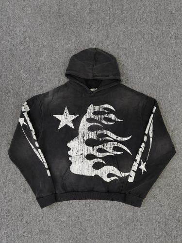 [NFC SCAN] High Quality Hellstar Flame Face Star Graphic Hoodie Vintage Wash Black