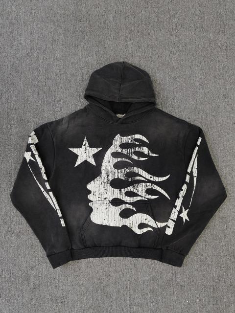 [NFC SCAN] High Quality Hellstar Flame Face Star Graphic Hoodie Vintage Wash Black