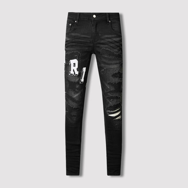 #8815 Amir* Men Black White Letter Print Ripped Skinny Stretch Distressed Denim Jeans