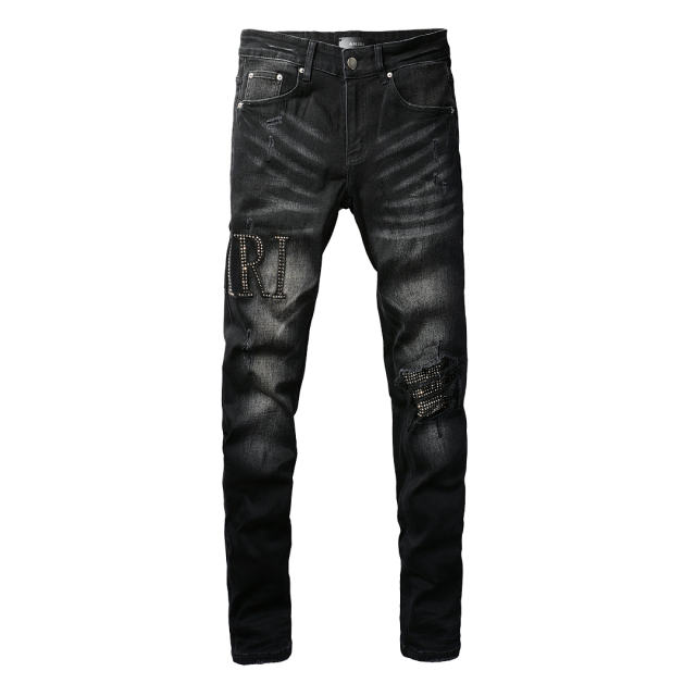 #8823 Amir* Men Black Whisker Wash Rhinestone Letter Rhinestone Mesh Patch Ripped Skinny Stretch Denim Jeans