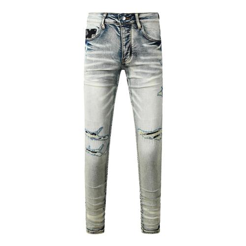 #8929 Amir* Men Light Vintage Wash Stacked Ripped Skinny Jeans, Bandana Print Knee Patch Stretch Slim Denim Pants