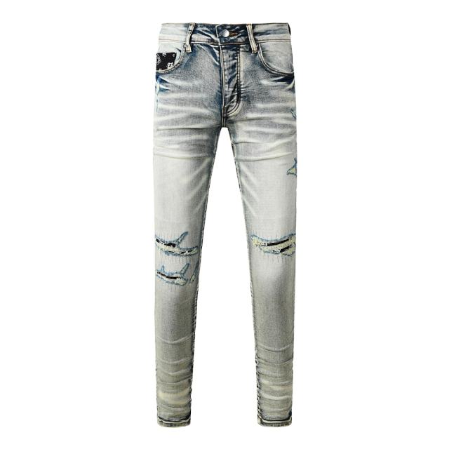 #8929 Amir* Men Light Vintage Wash Stacked Ripped Skinny Jeans, Bandana Print Knee Patch Stretch Slim Denim Pants
