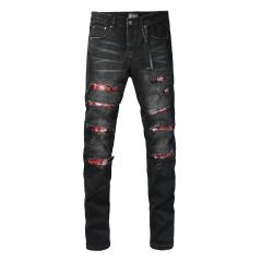 #8941 Amir* Men Black Whisker Wash Red Plaid Tartan Patch Ripped Skinny Stretch Distressed Denim Jeans