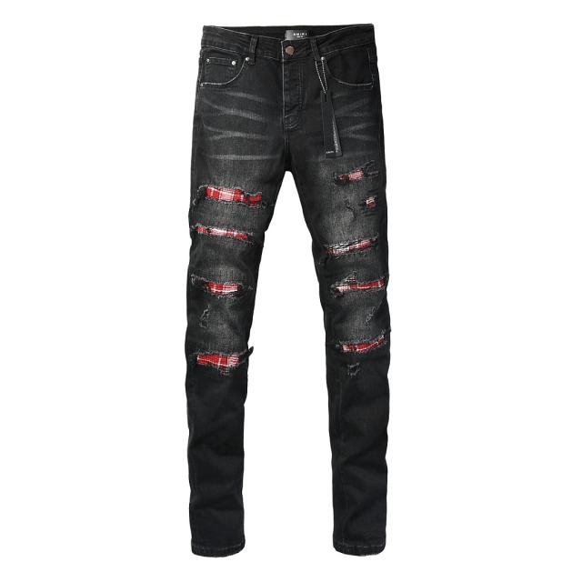 #8941 Amir* Men Black Whisker Wash Red Plaid Tartan Patch Ripped Skinny Stretch Distressed Denim Jeans