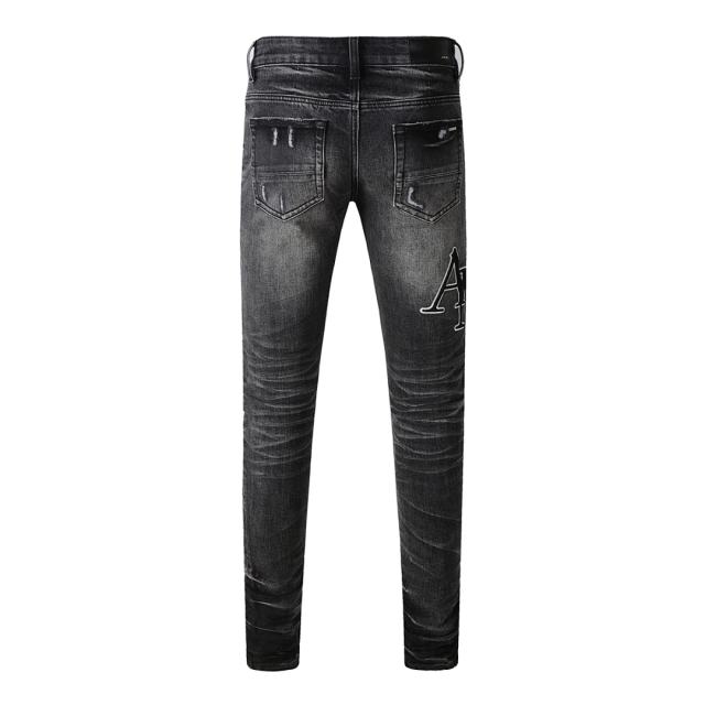 #8908 Amir* Men Black Whisker Wash Big Side Letter Print Ripped Skinny Stretch Denim Jeans
