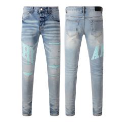 #8901 Amir* Men Light Blue Mint Green Letter Print Ripped Skinny Stretch Distressed Denim Jeans