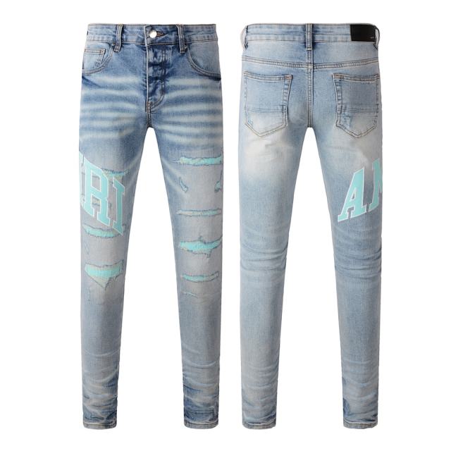 #8901 Amir* Men Light Blue Mint Green Letter Print Ripped Skinny Stretch Distressed Denim Jeans