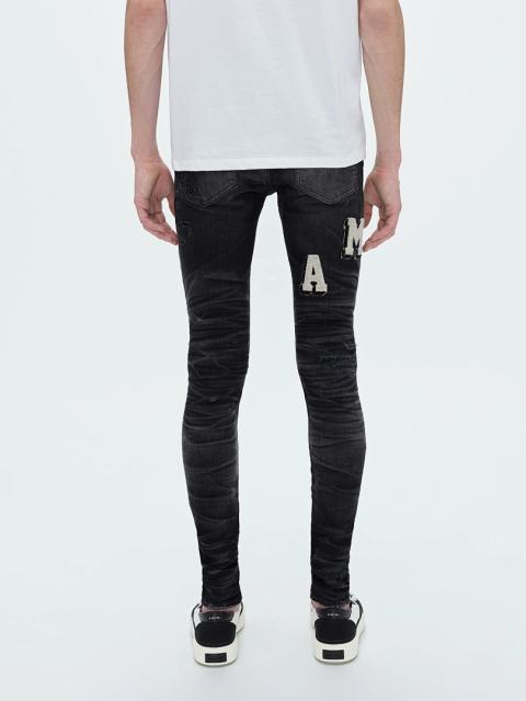 #8815 Amir* Men Black White Letter Print Ripped Skinny Stretch Distressed Denim Jeans