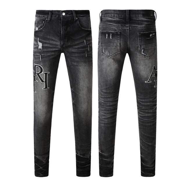 #8908 Amir* Men Black Whisker Wash Big Side Letter Print Ripped Skinny Stretch Denim Jeans