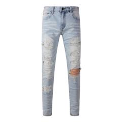 #808 Amir* Men Light Wash Mesh Patch Ripped Skinny Stretch Distressed Denim Jeans