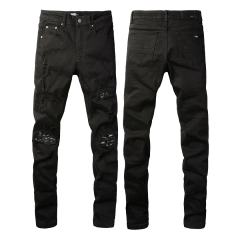 #666 Amir* Men Black Patch Ripped Skinny Stretch Distressed Denim Jeans