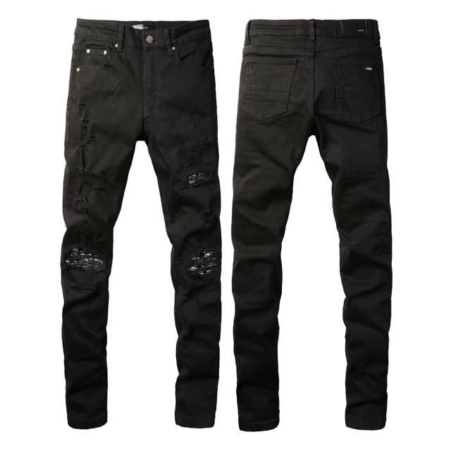#666 Amir* Men Black Patch Ripped Skinny Stretch Distressed Denim Jeans
