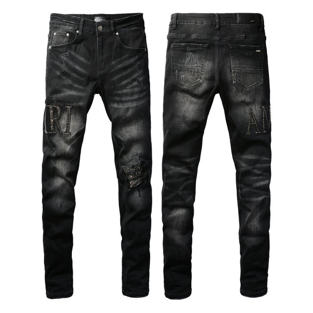 #8823 Amir* Men Black Whisker Wash Rhinestone Letter Rhinestone Mesh Patch Ripped Skinny Stretch Denim Jeans