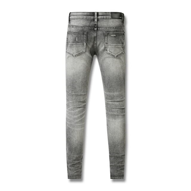 #601 Amir* Men Grey Patch Ripped Skinny Stretch Distressed Denim Jeans