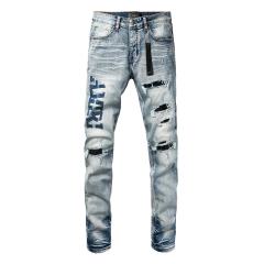#8944 Amir* Men Light Vintage Wash Vertical Blue Embroidered Letter Black Mesh Patch Ripped Skinny Stretch Denim Jeans