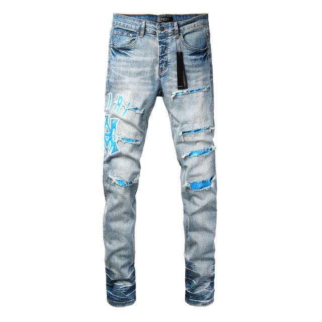 #8949 Amir* Men Light Vintage Wash Blue Embroidery Letter Logo Blue Fabric Patch Ripped Skinny Stretch Distressed Denim Jeans