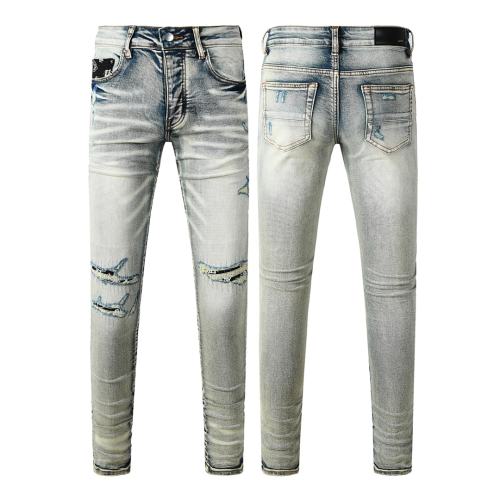 #8929 Amir* Men Light Vintage Wash Stacked Ripped Skinny Jeans, Bandana Print Knee Patch Stretch Slim Denim Pants