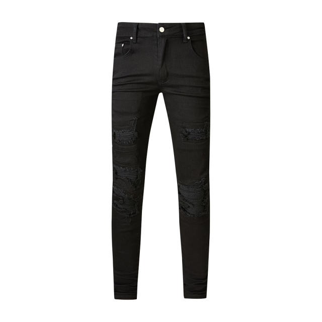 #569 Amir* Men Black Ripped Skinny Stretch Distressed Denim Jeans