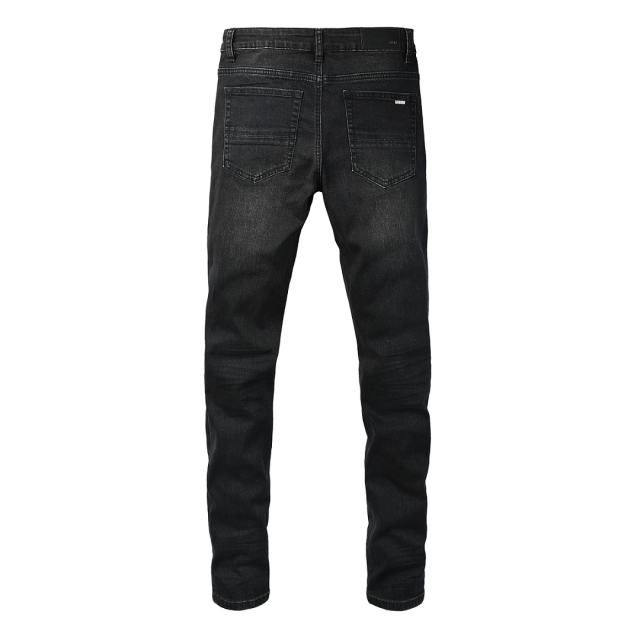 #8946 Amir* Men Black Whisker Wash Multicolor Rhinestone Stud Patch Ripped Skinny Stretch Distressed Denim Jeans