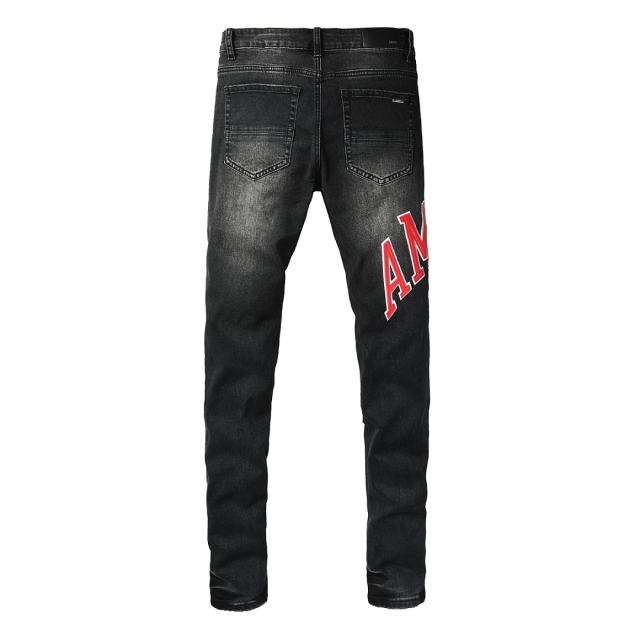 #8943 Amir* Men Black Whisker Wash Red Letter Logo Red Fabric Patch Ripped Skinny Stretch Distressed Denim Jeans