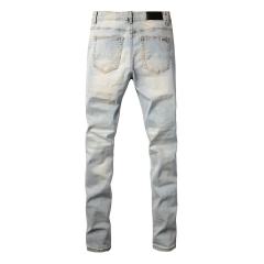 #697 Amir* Men Light Wash Vertical Embroidery Letter Ripped Skinny Stretch Distressed Denim Jeans