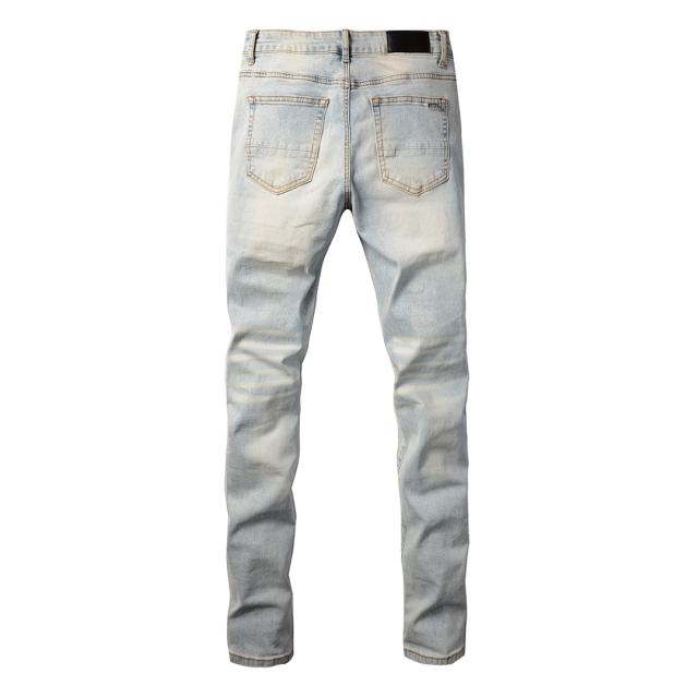 #697 Amir* Men Light Wash Vertical Embroidery Letter Ripped Skinny Stretch Distressed Denim Jeans